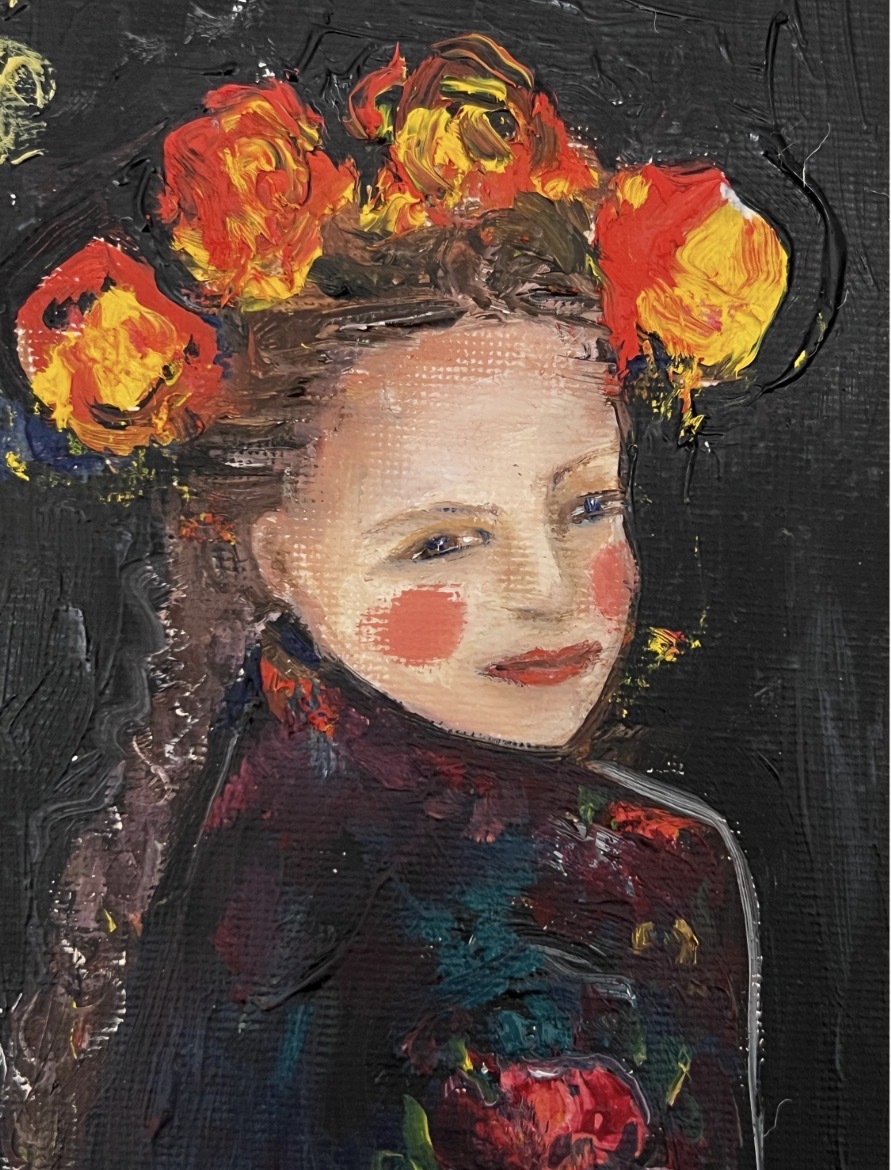 Detail of Sunflower Girl painting — face of the girl and expressive oil painting texture